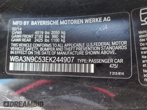 2014 BMW 4 Series 428i xDrive with VIN WBA3N9C53EK244907, listed as a IAAI auction lot 42380025 with 71,431 mi miles and . Bid and sale history available at DreamBid. Image 9.