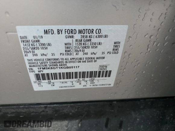 2019 Ford Explorer Sport with VIN 1FM5K8GT1KGB05117, listed as a Copart auction lot 56696505 with Not provided miles and Salvage title. Bid and sale history available at DreamBid. Image 13.