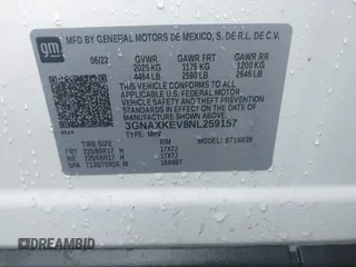 2022 Chevrolet Equinox LT with VIN 3GNAXKEV8NL259157, listed as a IAAI auction lot 42066917 with 38,206 mi miles and . Bid and sale history available at DreamBid. Image 9.