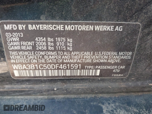 2013 BMW 3 Series 320i with VIN WBA3B1C50DF461591, listed as a IAAI auction lot 41505029 with 1 mi miles. Bid and sale history available at carsss.com. Image 9.