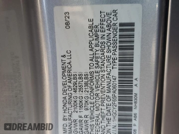 2023 Honda Accord EX-L with VIN 1HGCY2F65PA060147, listed as a Copart auction lot 57876835 with 10,995 mi miles and Salvage title. Bid and sale history available at DreamBid. Image 12.