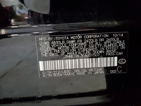 2015 Lexus GS 350 with VIN JTHBE1BL3FA001507, listed as a Copart auction lot 55955595 with 150,720 mi miles and Salvage title. Bid and sale history available at DreamBid. Image 12.