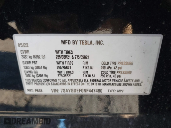 2022 Tesla Model Y Performance with VIN 7SAYGDEF0NF447460, listed as a IAAI auction lot 41670250 with 28,287 mi miles. Bid and sale history available at carsss.com. Image 9.