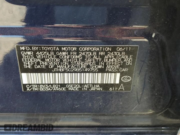 2011 Lexus IS 250 z VIN JTHBF5C29B5149755, wystawiony jako Copart lot #59172895 z przebiegiem 122 066 mil mil oraz Szkoda całkowita • Salvage title. Historia ofert i sprzedaży dostępna na DreamBid. Obrazek 12.