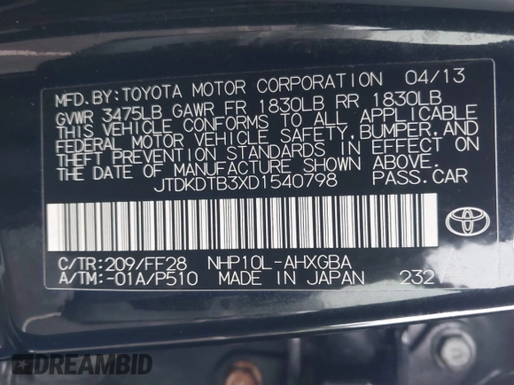 2013 Toyota Prius One z VIN JTDKDTB3XD1540798, wystawiony jako IAAI lot #42266860 z przebiegiem 208 567 mil mil oraz . Historia ofert i sprzedaży dostępna na DreamBid. Obrazek 9.