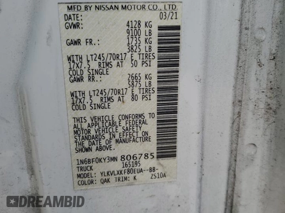 2021 Nissan NV Cargo SV с VIN 1N6BF0KY3MN806785, выставлен на аукционе Copart как лот 77234424 с пробегом 105 784 миль миль и Списание • Salvage title. История ставок и продаж доступна на DreamBid. Изображение 13.