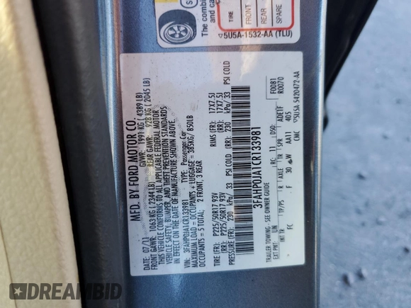2012 Ford Fusion SEL with VIN 3FAHP0JA1CR133981, listed as a Copart auction lot 83251314 with 163,155 mi miles and Clean Title. Bid and sale history available at DreamBid. Image 13.