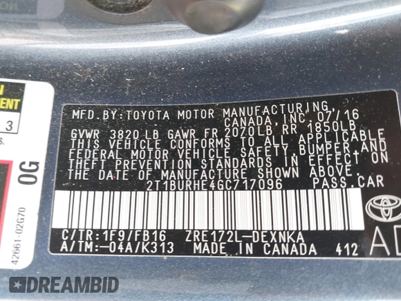 2016 Toyota Corolla L with VIN 2T1BURHE4GC717096, listed as a IAAI auction lot 42062967 with 147,091 mi miles and . Bid and sale history available at DreamBid. Image 9.