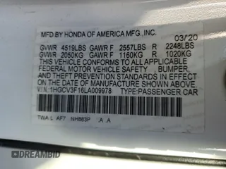2020 Honda Accord with VIN 1HGCV3F16LA009978, listed as a Copart auction lot 44102665 with 49,005 mi miles and Salvage Title. Bid and sale history available at DreamBid. Image 14.