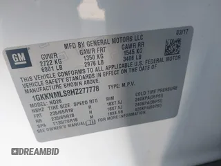 2017 GMC Acadia SLT with VIN 1GKKNMLS8HZ277778, listed as a IAAI auction lot 41890139 with 126,854 mi miles and . Bid and sale history available at carsss.com. Image 9.