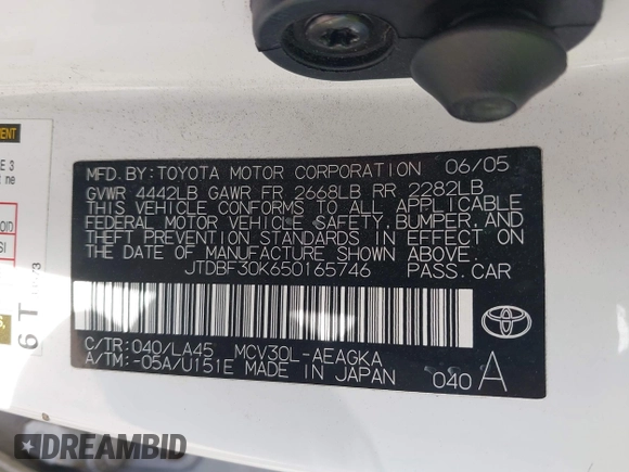 2005 Toyota Camry LE with VIN JTDBF30K650165746, listed as a IAAI auction lot 42066944 with 205,829 mi miles and . Bid and sale history available at DreamBid. Image 9.