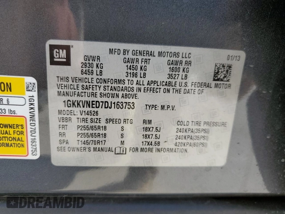 2013 GMC Acadia SLE with VIN 1GKKVNED7DJ163753, listed as a Copart auction lot 75747304 with 167,056 mi miles and Salvage Title. Bid and sale history available at carsss.com. Image 13.