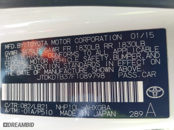 2015 Toyota Prius c One with VIN JTDKDTB37F1089798, listed as a IAAI auction lot 41838827 with 137,655 mi miles. Bid and sale history available at carsss.com. Image 9.