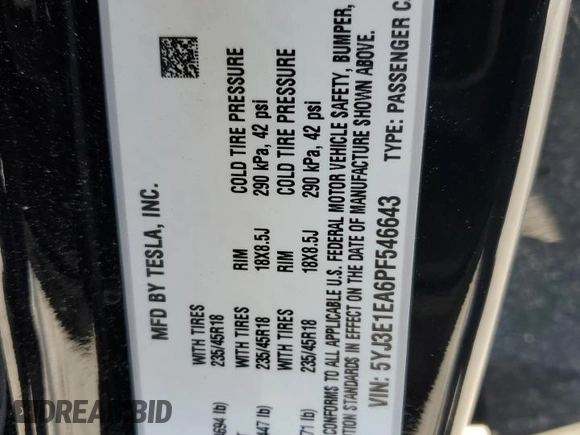 2023 Tesla Model 3 z VIN 5YJ3E1EA6PF546643, wystawiony jako Copart lot #49953555 z przebiegiem 29 549 mil mil oraz Szkoda całkowita • Salvage title. Historia ofert i sprzedaży dostępna na DreamBid. Obrazek 14.