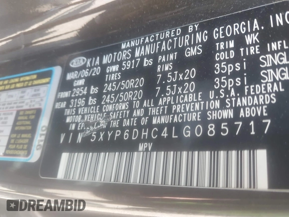 2020 Kia Telluride S with VIN 5XYP6DHC4LG085717, listed as a IAAI auction lot 42436243 with 56,930 mi miles and . Bid and sale history available at DreamBid. Image 9.