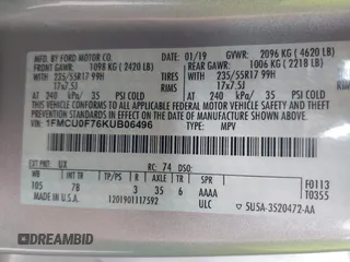 2019 Ford Escape S with VIN 1FMCU0F76KUB06496, listed as a IAAI auction lot 42647991 with 51,882 mi miles and . Bid and sale history available at DreamBid. Image 9.