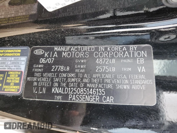 2008 Kia Amanti z VIN KNALD125085146135, wystawiony jako Copart lot #50838195 z przebiegiem 65 297 mil mil oraz Szkoda całkowita • Salvage title. Historia ofert i sprzedaży dostępna na DreamBid. Obrazek 14.
