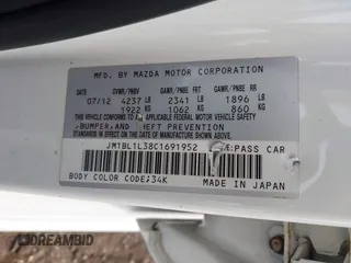 2012 Mazda 3 Mazdaspeed3 Touring with VIN JM1BL1L38C1691952, listed as a IAAI auction lot 40668375 with Not Provided miles and . Bid and sale history available at DreamBid. Image 9.