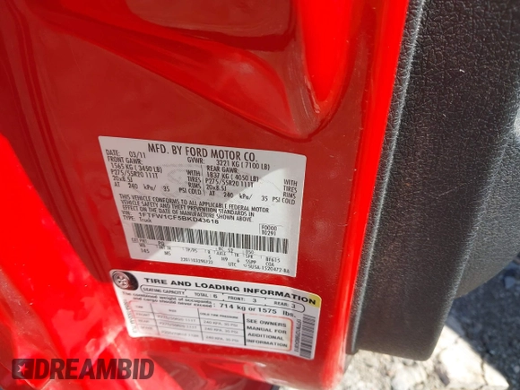 2011 Ford F-150 XL with VIN 1FTFW1CF5BKD43618, listed as a IAAI auction lot 42242003 with 221,941 mi miles and . Bid and sale history available at DreamBid. Image 9.