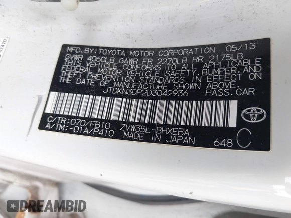 2013 Toyota Prius с VIN JTDKN3DP2D3042936, выставлен на аукционе IAAI как лот 42605312 с пробегом 200 701 миль миль и . История ставок и продаж доступна на DreamBid. Изображение 9.