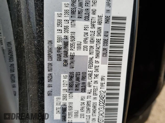 2018 Mazda CX-9 Touring with VIN JM3TCACY3J0224612, listed as a Copart auction lot 53993535 with 87,887 mi miles and Clean title. Bid and sale history available at DreamBid. Image 12.