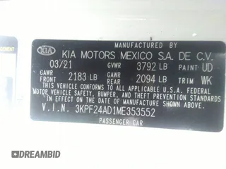 2021 Kia Forte LXS z VIN 3KPF24AD1ME353552, wystawiony jako IAAI lot #34636375 z przebiegiem 15 570 mil mil oraz . Historia ofert i sprzedaży dostępna na DreamBid. Obrazek 9.