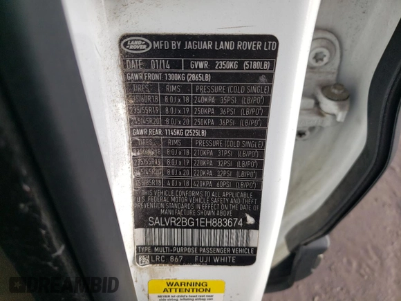 2014 Land Rover Range Rover Evoque Pure Premium with VIN SALVR2BG1EH883674, listed as a Copart auction lot 47293555 with 123,326 mi miles and Salvage title. Bid and sale history available at DreamBid. Image 14.