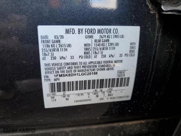 2020 Ford Explorer XLT with VIN 1FMSK8DH1LGC20188, listed as a Copart auction lot 47174345 with 68,218 mi miles and Salvage Title. Bid and sale history available at carsss.com. Image 13.