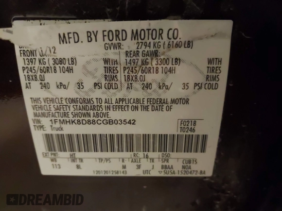 2012 Ford Explorer XLT with VIN 1FMHK8D88CGB03542, listed as a IAAI auction lot 41818074 with 209,026 mi miles and . Bid and sale history available at DreamBid. Image 9.