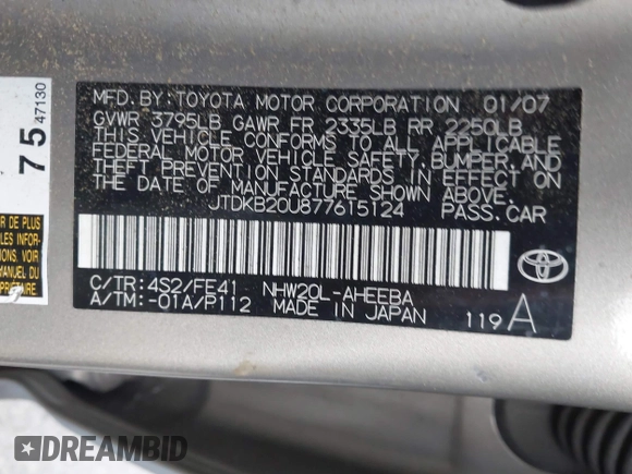 2007 Toyota Prius with VIN JTDKB20U877615124, listed as a IAAI auction lot 42025313 with 189,750 mi miles. Bid and sale history available at carsss.com. Image 9.