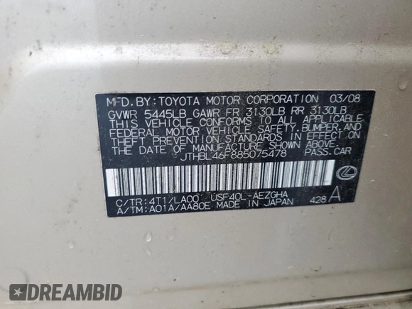 2008 Lexus LS 460 with VIN JTHBL46F885075478, listed as a Copart auction lot 56842225 with 128,897 mi miles and Salvage title. Bid and sale history available at DreamBid. Image 12.