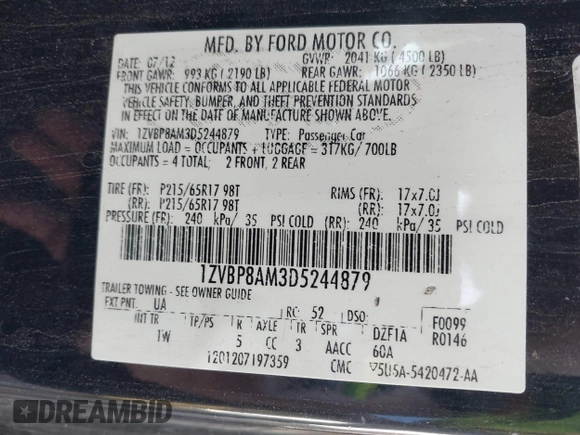 2013 Ford Mustang V6 with VIN 1ZVBP8AM3D5244879, listed as a IAAI auction lot 42210809 with Not provided miles and . Bid and sale history available at DreamBid. Image 9.