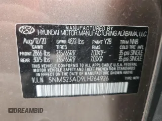 2020 Hyundai Santa Fe SE with VIN 5NMS23AD9LH264926, listed as a Copart auction lot 53809265 with 57,780 mi miles and Salvage title. Bid and sale history available at DreamBid. Image 13.