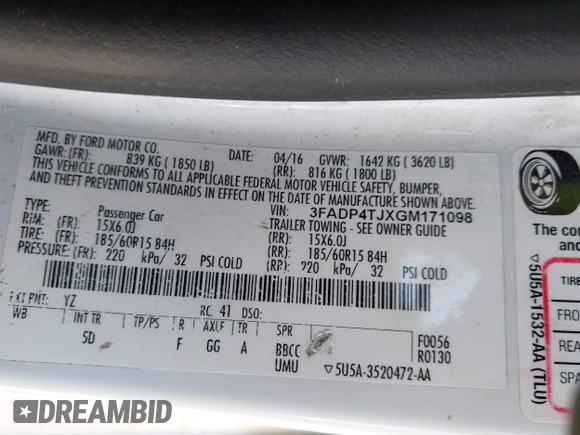2016 Ford Fiesta S z VIN 3FADP4TJXGM171098, wystawiony jako IAAI lot #42239269 z przebiegiem 93 634 mil mil oraz . Historia ofert i sprzedaży dostępna na DreamBid. Obrazek 9.