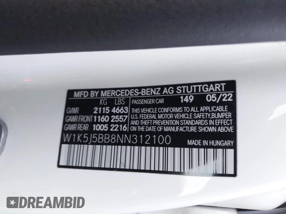 2022 Mercedes-Benz CLA 35 AMG with VIN W1K5J5BB8NN312100, listed as a IAAI auction lot 41117904 with 37,593 mi miles and . Bid and sale history available at DreamBid. Image 9.