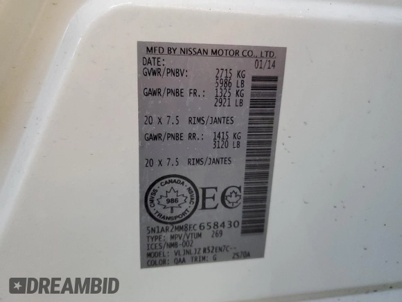 2014 Nissan Pathfinder Platinum with VIN 5N1AR2MM8EC658430, listed as a Copart auction lot 46711815 with 108,376 mi miles and Salvage title. Bid and sale history available at DreamBid. Image 14.