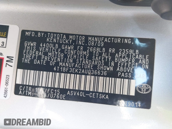 2010 Toyota Camry with VIN 4T1BF3EK2AU036636, listed as a IAAI auction lot 41879154 with 238,274 mi miles and . Bid and sale history available at DreamBid. Image 9.