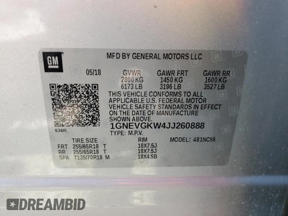 2018 Chevrolet Traverse LT Cloth with VIN 1GNEVGKW4JJ260888, listed as a Copart auction lot 65839334 with 131,692 mi miles and Salvage Title. Bid and sale history available at carsss.com. Image 13.