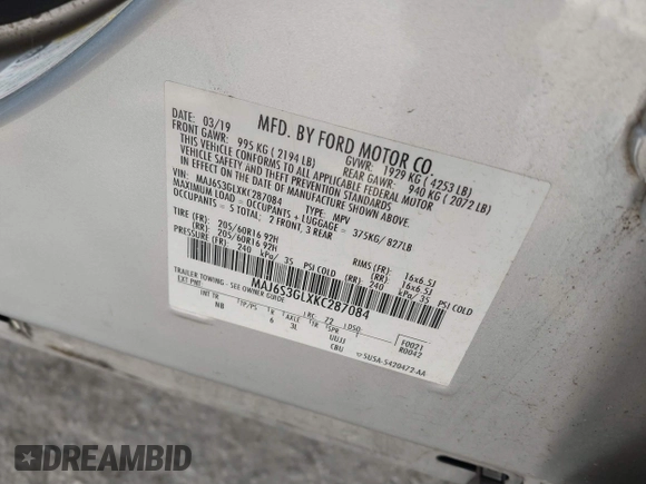 2019 Ford EcoSport SE with VIN MAJ6S3GLXKC287084, listed as a IAAI auction lot 41635051 with 79,996 mi miles. Bid and sale history available at carsss.com. Image 9.