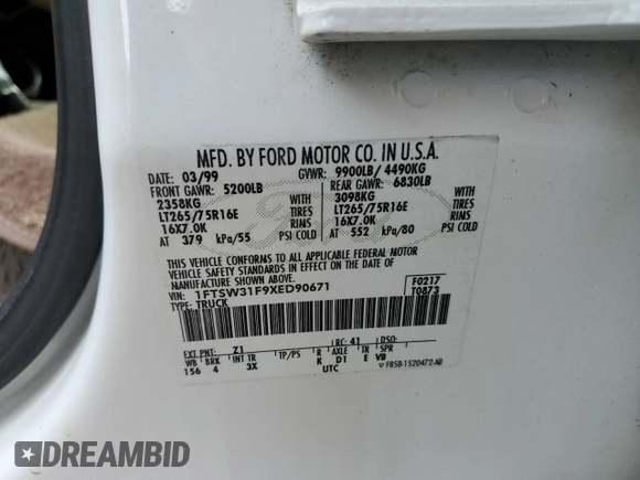 1999 Ford F-350 XL z VIN 1FTSW31F9XED90671, wystawiony jako Copart lot #50234035 z przebiegiem 164 705 mil mil oraz Szkoda całkowita • Salvage title. Historia ofert i sprzedaży dostępna na DreamBid. Obrazek 12.