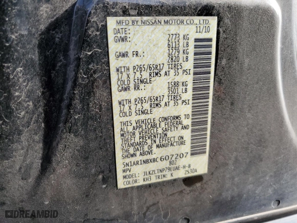 2011 Nissan Pathfinder LE with VIN 5N1AR1NBXBC607207, listed as a Copart auction lot 85751424 with 152,281 mi miles and Salvage Title. Bid and sale history available at carsss.com. Image 13.