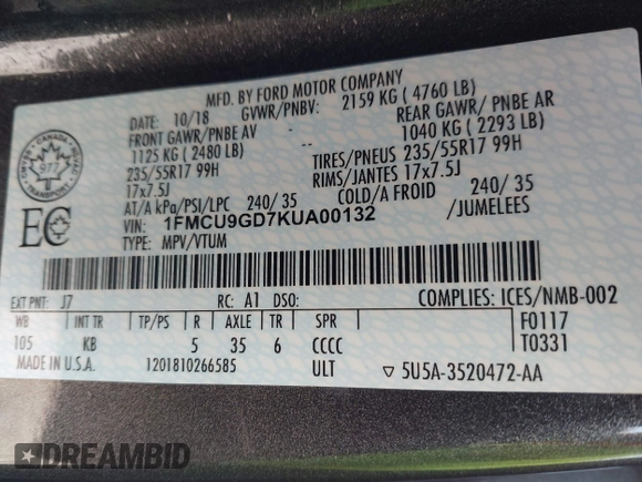 2019 Ford Escape SE z VIN 1FMCU9GD7KUA00132, wystawiony jako IAAI lot #41973998 z przebiegiem 89 327 mil mil oraz . Historia ofert i sprzedaży dostępna na DreamBid. Obrazek 9.