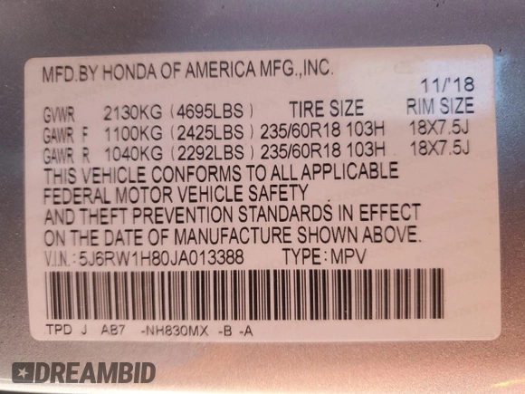 2018 Honda CR-V EX-L with VIN 5J6RW1H80JA013388, listed as a Copart auction lot 46678225 with 63,336 mi miles and Salvage Title. Bid and sale history available at DreamBid. Image 13.