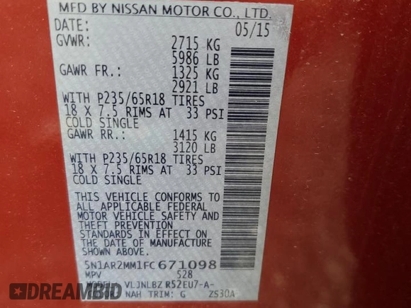 2015 Nissan Pathfinder S with VIN 5N1AR2MM1FC671098, listed as a Copart auction lot 64360135 with 140,060 mi miles and Salvage title. Bid and sale history available at DreamBid. Image 13.