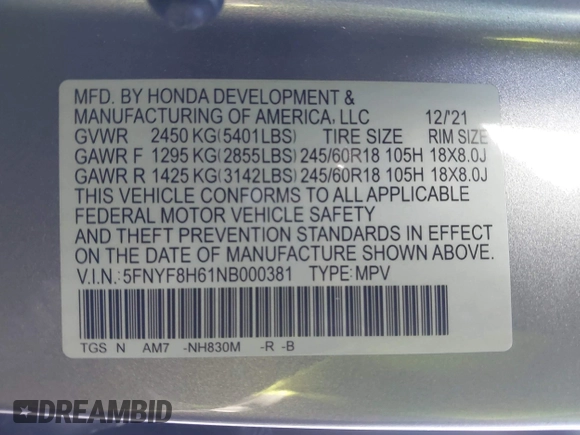 2022 Honda Passport TrailSport with VIN 5FNYF8H61NB000381, listed as a IAAI auction lot 41417954 with 32,753 mi miles and . Bid and sale history available at DreamBid. Image 9.