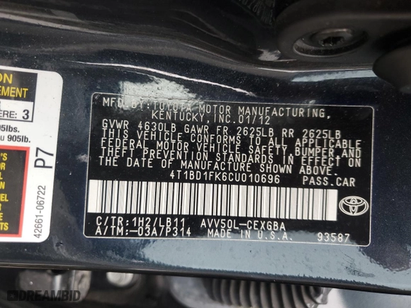 2012 Toyota Camry Hybrid XLE with VIN 4T1BD1FK6CU010696, listed as a Copart auction lot 53982915 with 124,790 mi miles and Salvage Title. Bid and sale history available at carsss.com. Image 13.