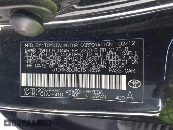 2012 Toyota Prius One with VIN JTDKN3DU4C1514859, listed as a IAAI auction lot 42316615 with 194,250 mi miles and . Bid and sale history available at DreamBid. Image 9.