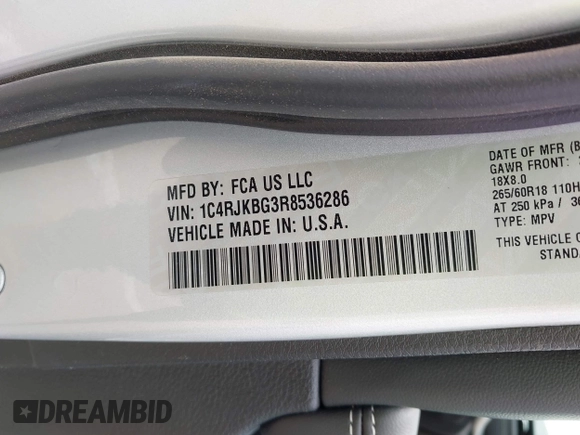2024 Jeep Grand Cherokee Limited with VIN 1C4RJKBG3R8536286, listed as a IAAI auction lot 42578700 with 43,126 mi miles and . Bid and sale history available at DreamBid. Image 9.