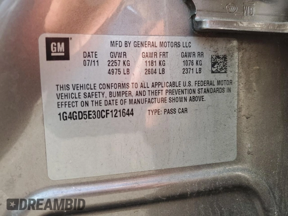2012 Buick LaCrosse Premium 1 with VIN 1G4GD5E30CF121644, listed as a Copart auction lot 58860105 with 135,551 mi miles and Salvage title. Bid and sale history available at DreamBid. Image 12.