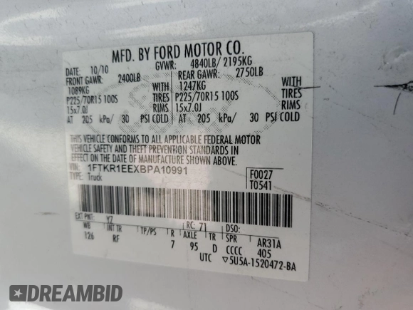 2011 Ford Ranger XL with VIN 1FTKR1EEXBPA10991, listed as a Copart auction lot 58537064 with 102,897 mi miles and Salvage Title. Bid and sale history available at carsss.com. Image 12.